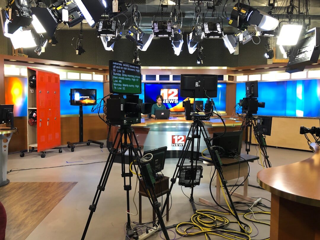 Wide shot of an empty modern television studio set