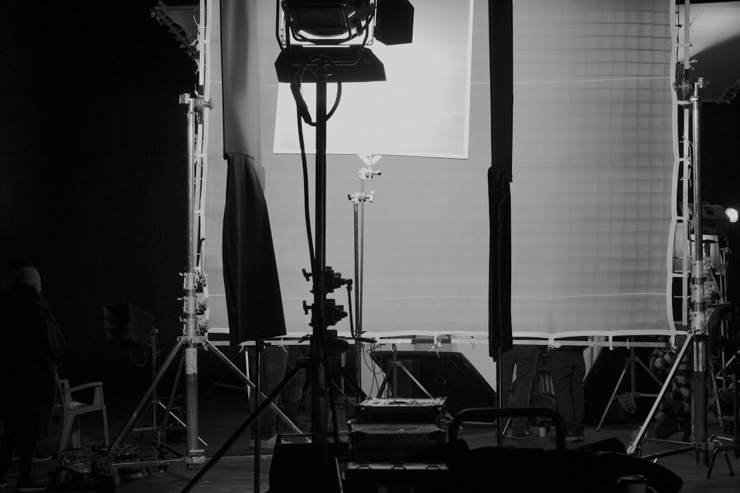 Studio lighting grid above an empty television set
